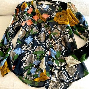 Cabi print blouse with knitted cuffs